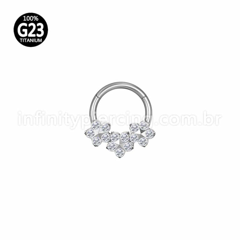 Piercing Argola Titânio Segmento Articulado 3 Flores Zircônia Cravejada