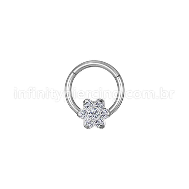 Piercing Argola Aço Cirúrgico Segmento Articulado Flor Zircônia Cravejada