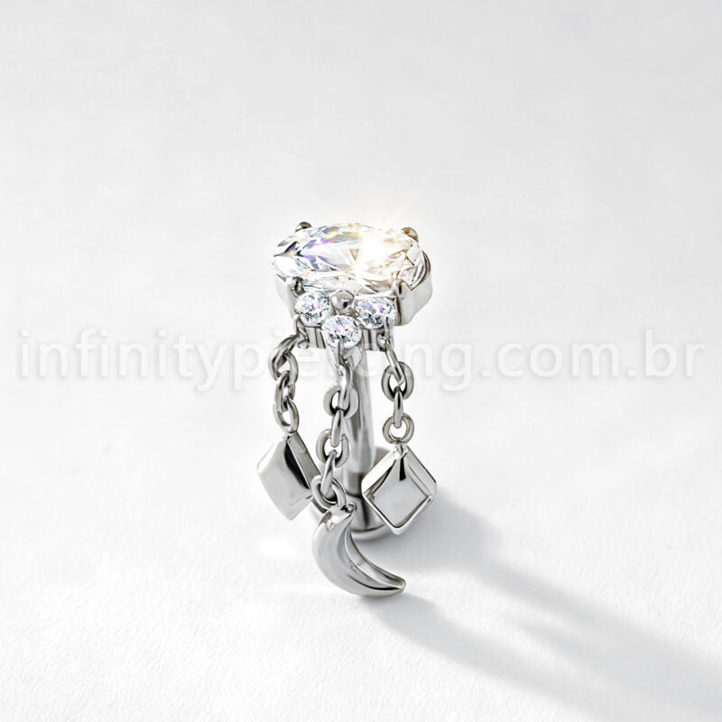 Piercing Labret Titânio Zircônia Oval Com Correntes