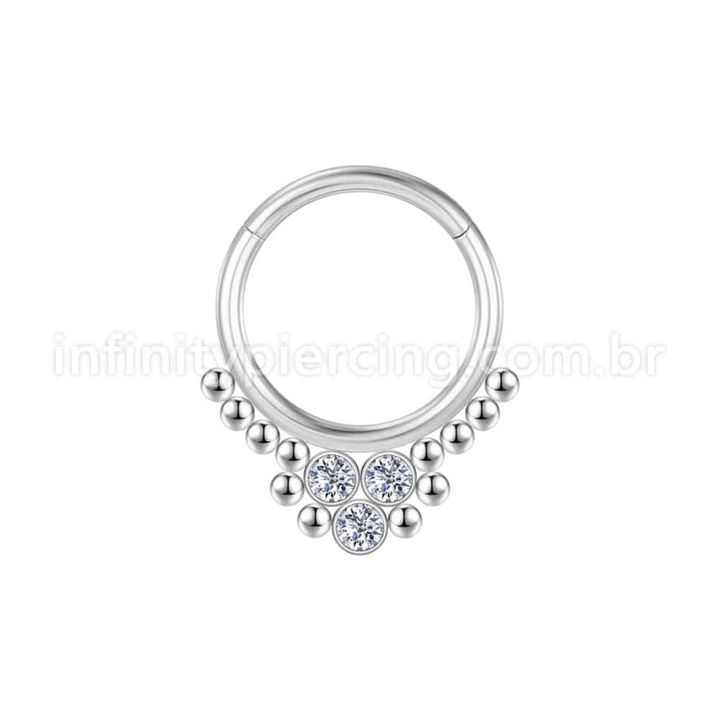 Piercing Argola Aço Cirúrgico Segmento Articulado 3 Pedras Zircônia