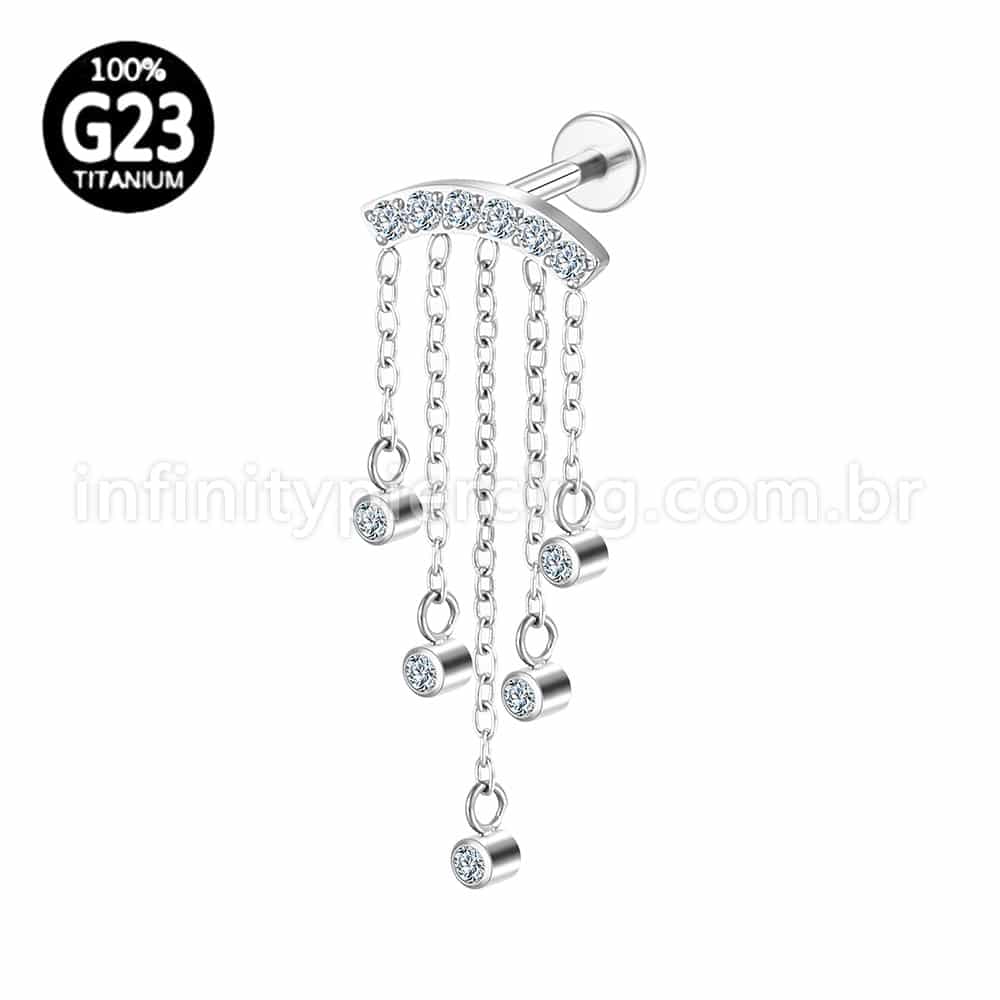Piercing Labret Titânio Curvo Com Corentes Zircônia Cravejada