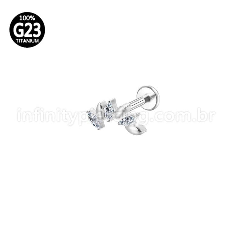 Piercing Labret Titânio Folhas 3 Zircônias Cravejada