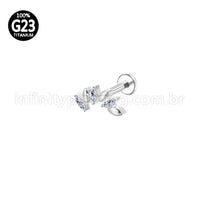 Piercing Labret Titânio Folhas 3 Zircônias Cravejada