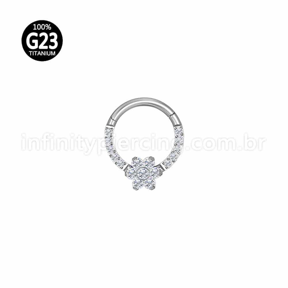 Piercing Argola Titânio Segmento Articulado Flor Zircônia Cravejada