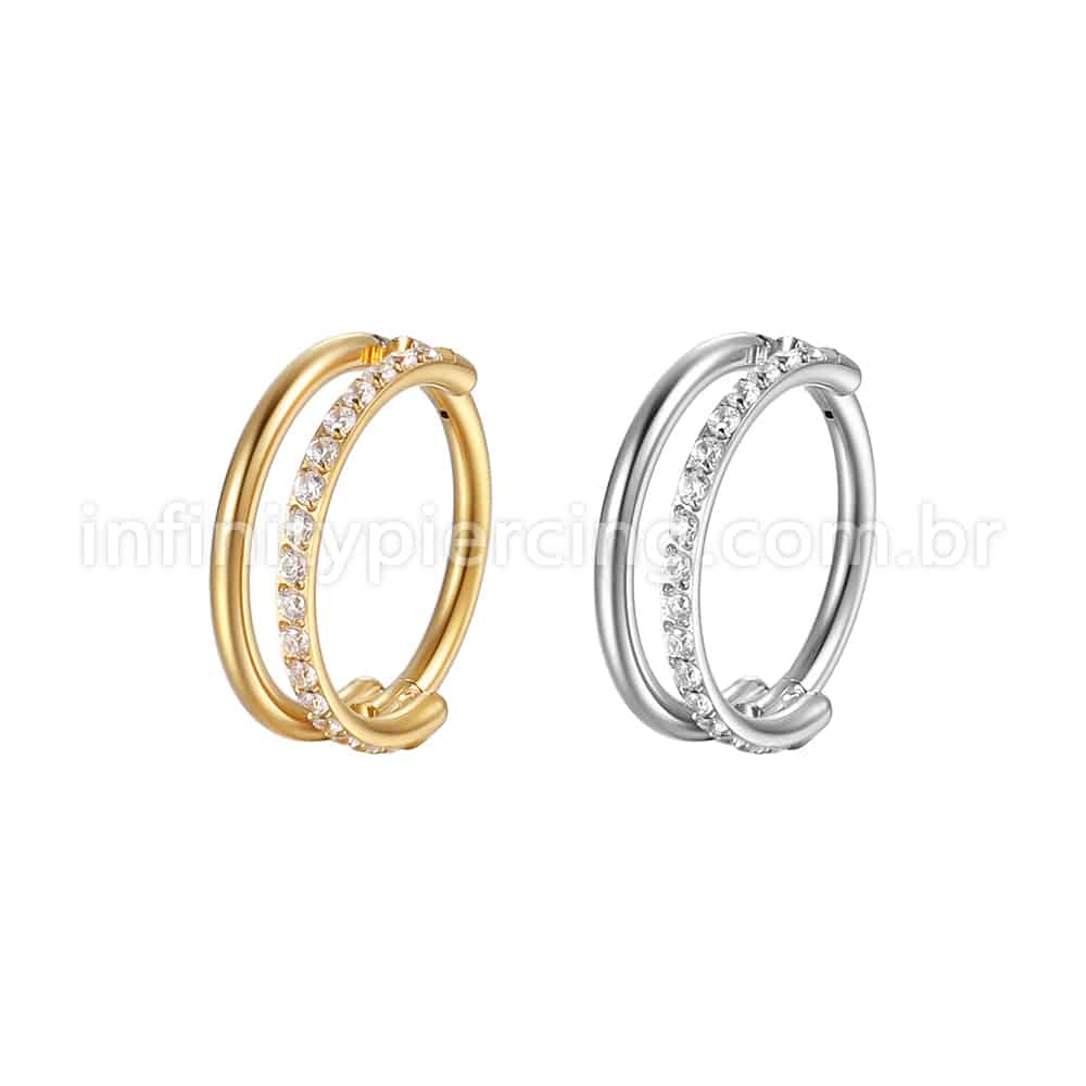 Piercing Argola Segmento Articulado Aço Cirúrgico Vazado 1 Fileira Zircônia Cravejada