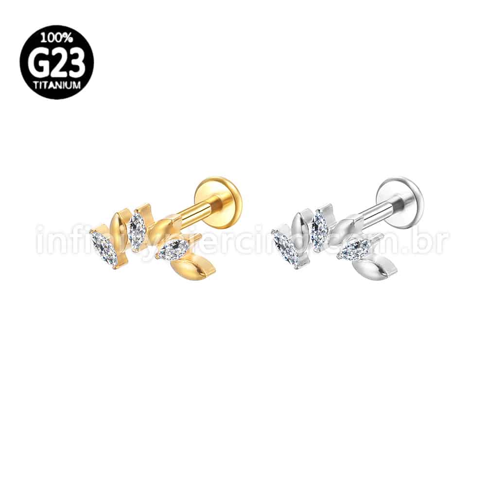 Piercing Labret Titânio Folhas 3 Zircônias Cravejada