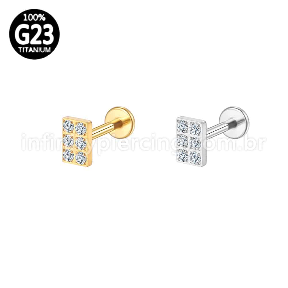 Piercing Labret Titânio Quadrado Zircônias Cravejadas