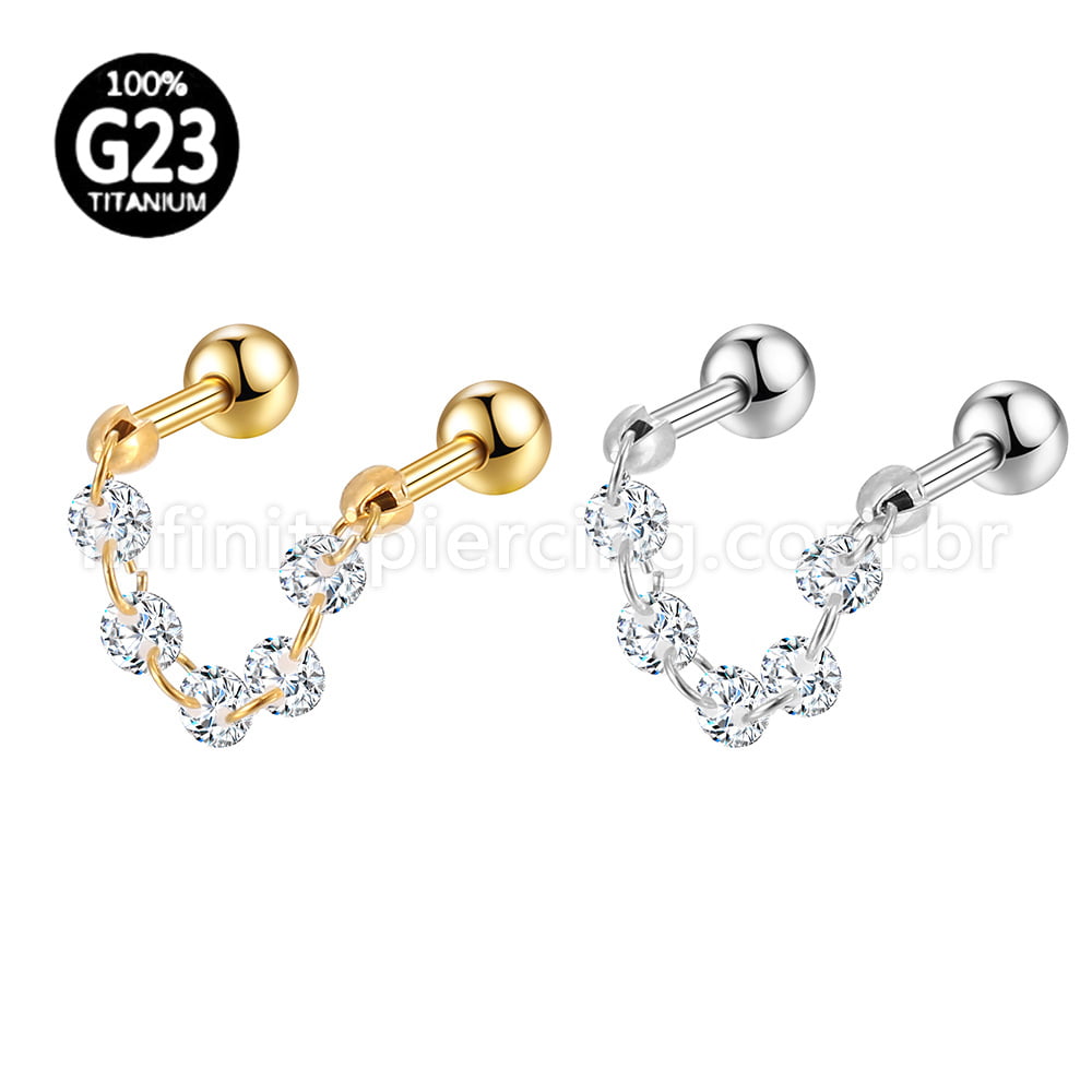 Piercing Mini Barbell Duplo Com Corrente/Zircônia