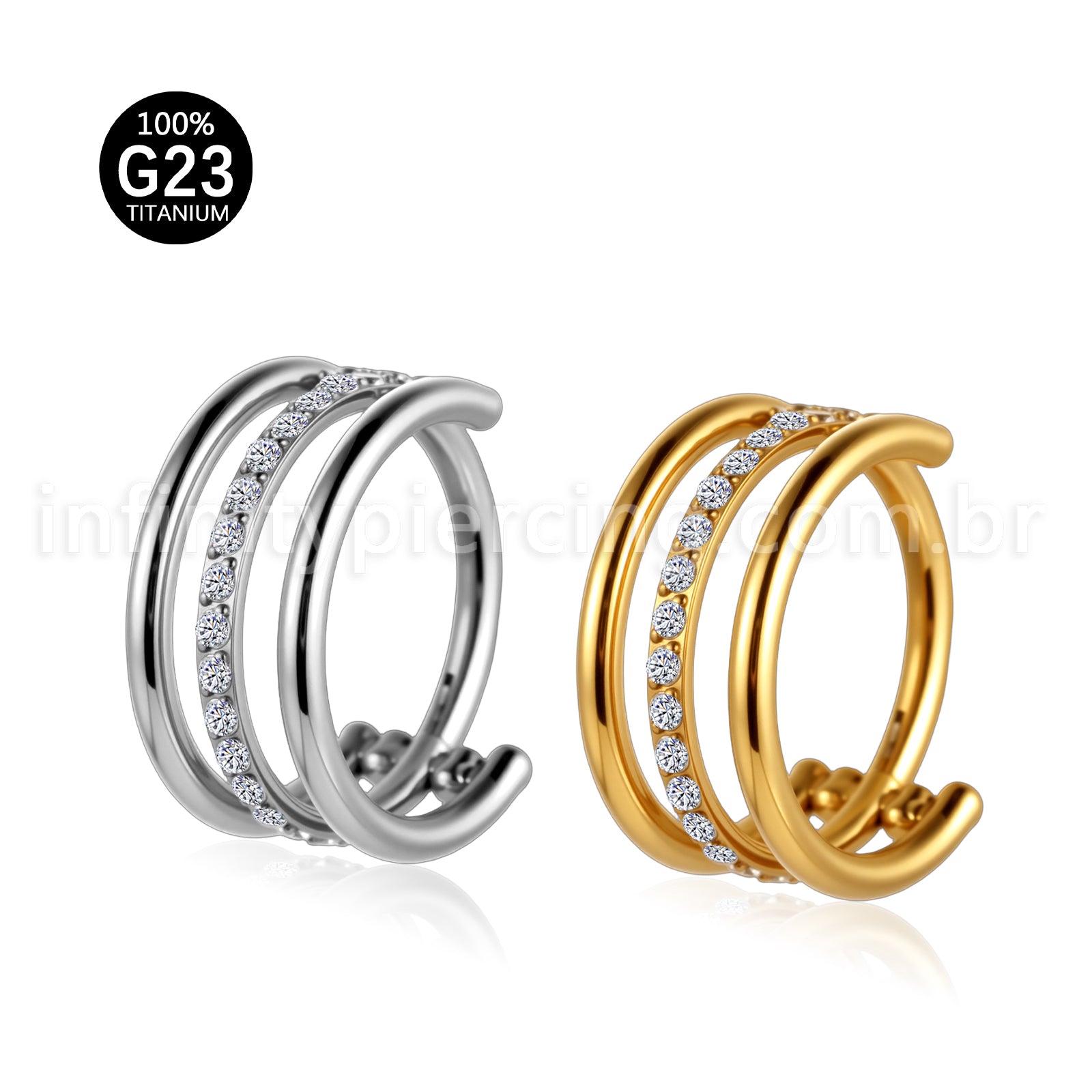 Piercing Argola Titânio Segmento Articulado 1 Fileira Zircônia / 2 Fileiras Lisas
