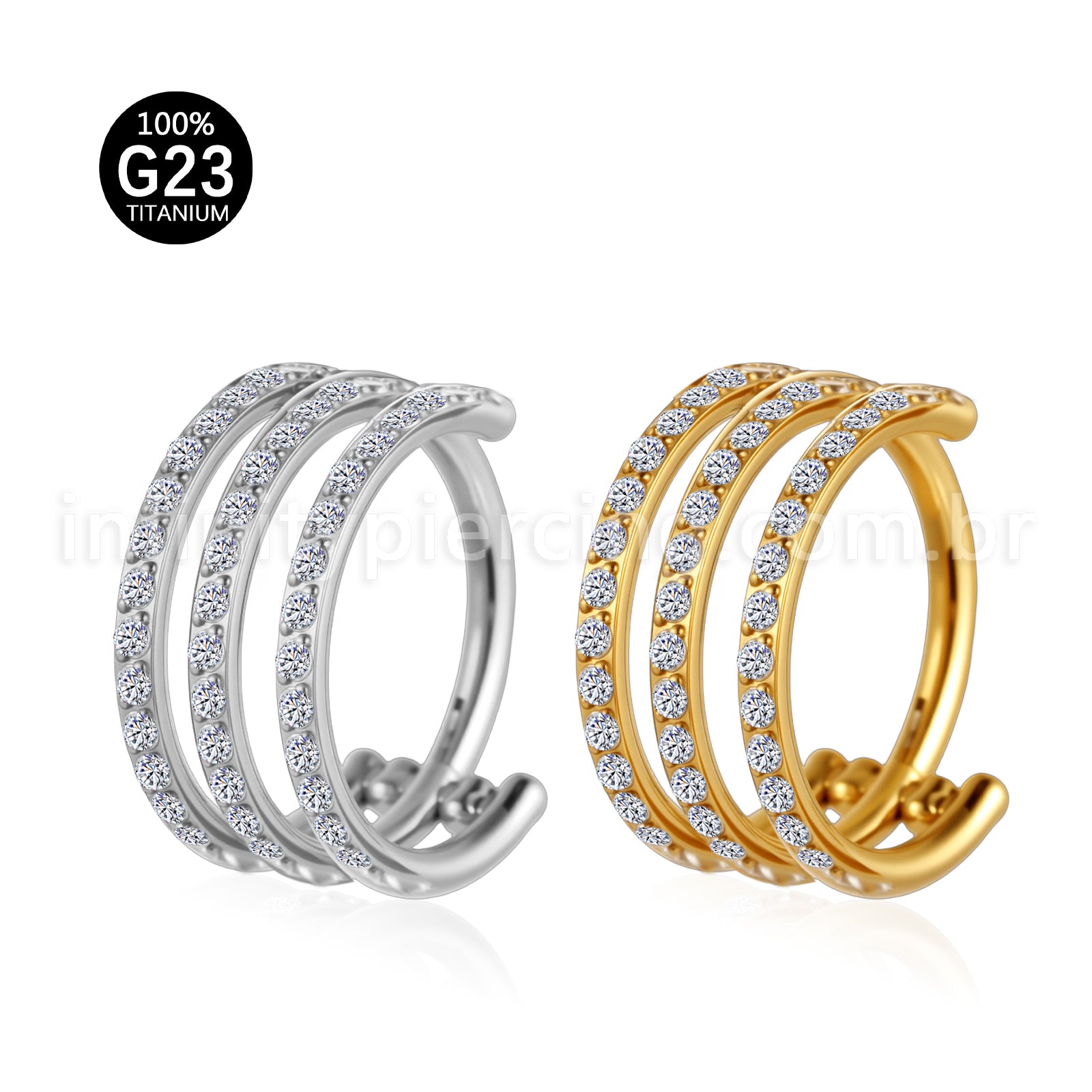 Piercing Argola Três Fileira Titânio Segmento Articulado Zircônia Cravejada