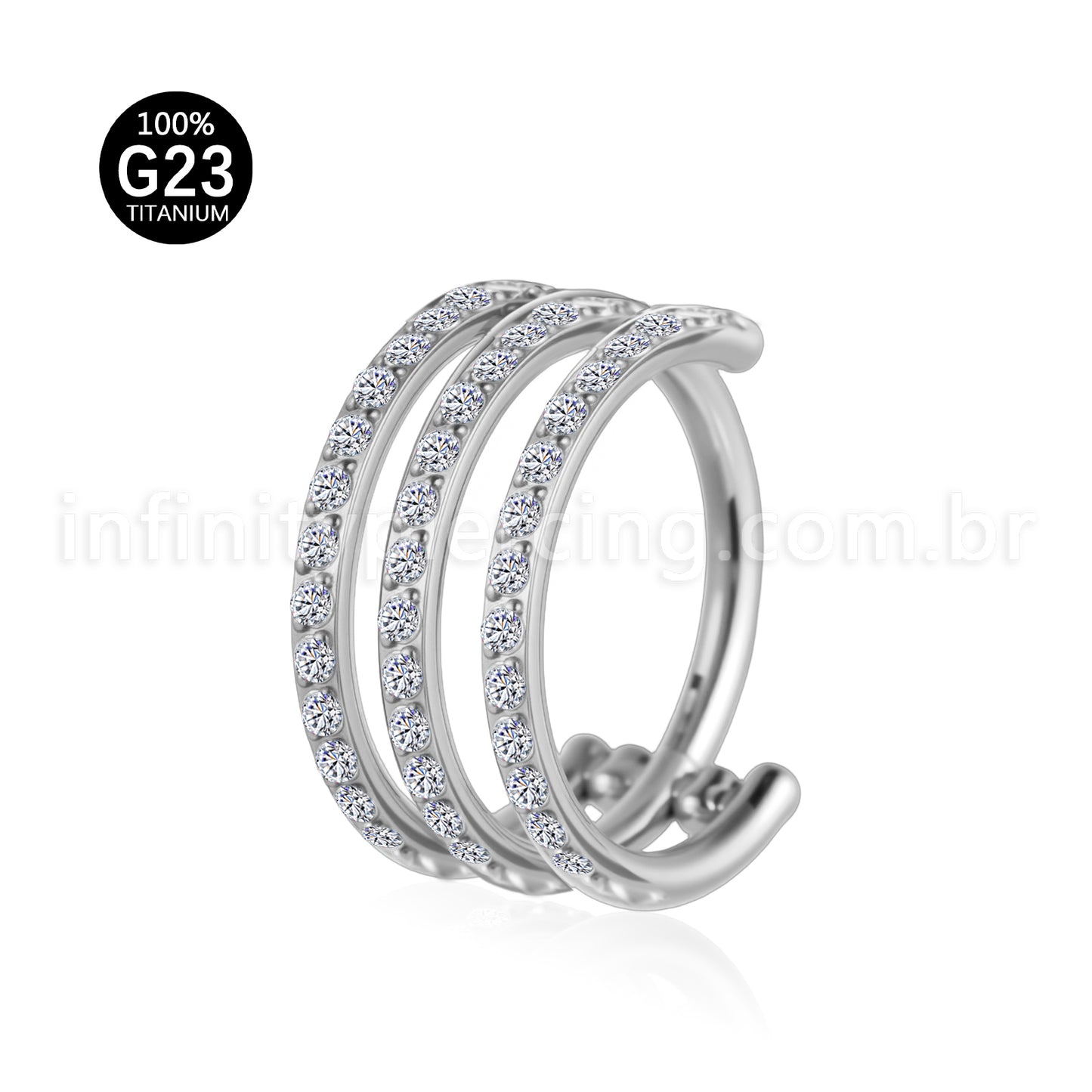 Piercing Argola Três Fileira Titânio Segmento Articulado Zircônia Cravejada