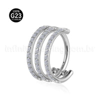Piercing Argola Três Fileira Titânio Segmento Articulado Zircônia Cravejada