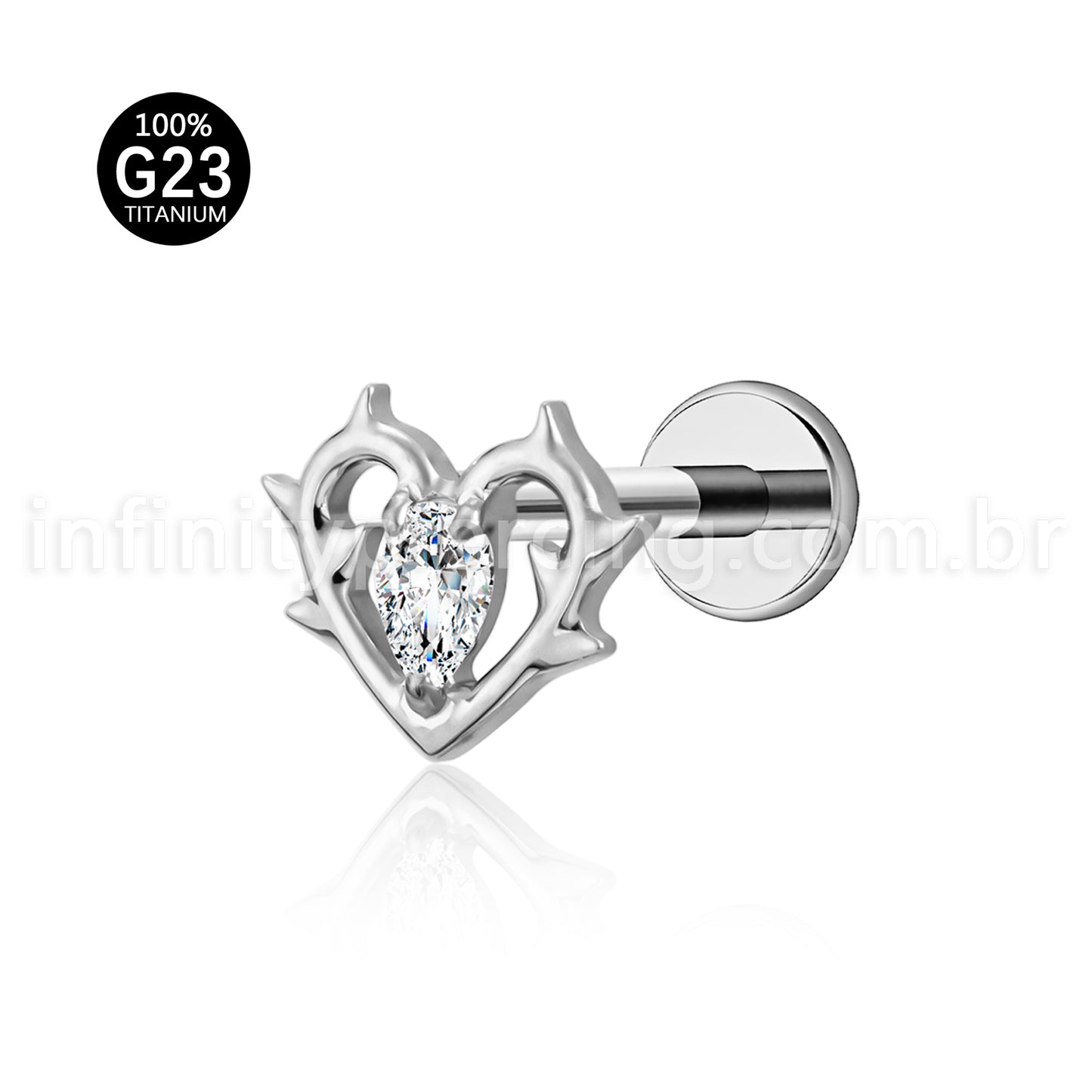 Piercing Labret Coração Vazado Titânio Zircônia  Cravejada