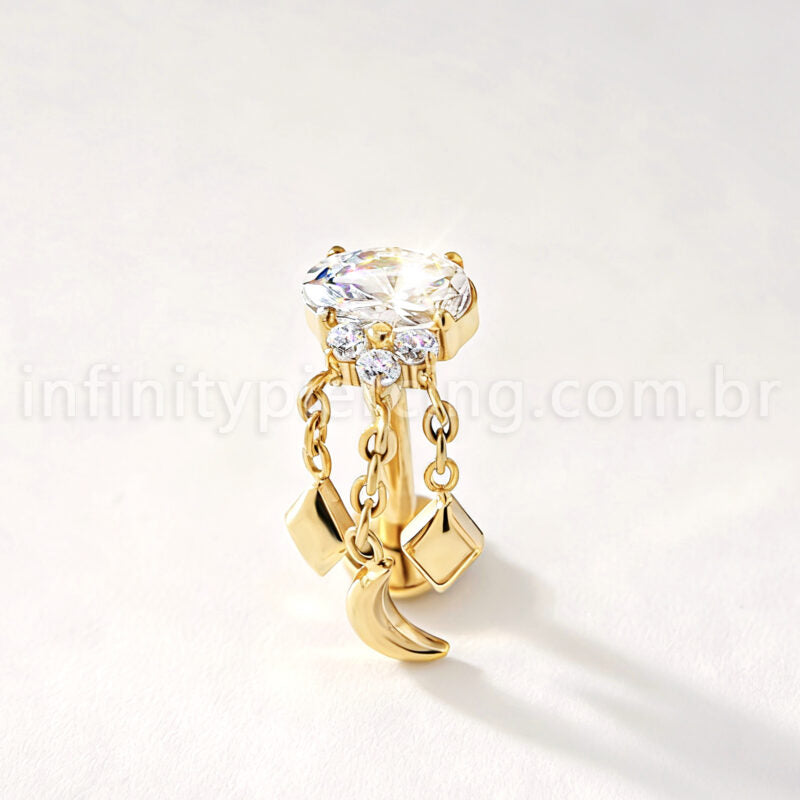 Piercing Labret Titânio Zircônia Oval Com Correntes