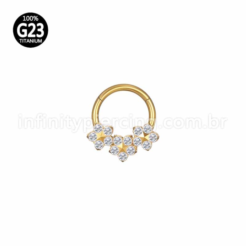 Piercing Argola Titânio Segmento Articulado 3 Flores Zircônia Cravejada
