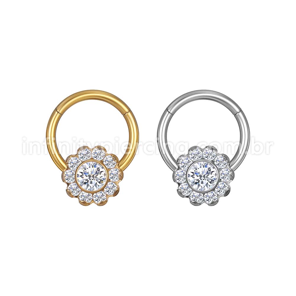 Piercing Argola Aço Cirúrgico Segmento Articulado Flor Zircônia