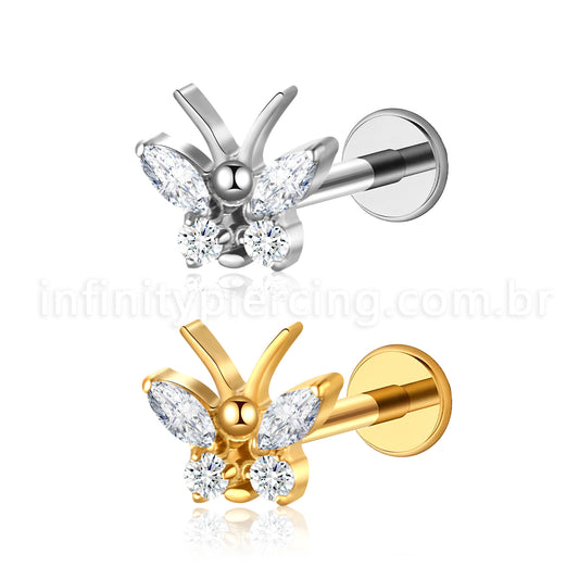 Piercing Labret Aço Cirúrgico Borboleta Zircônia