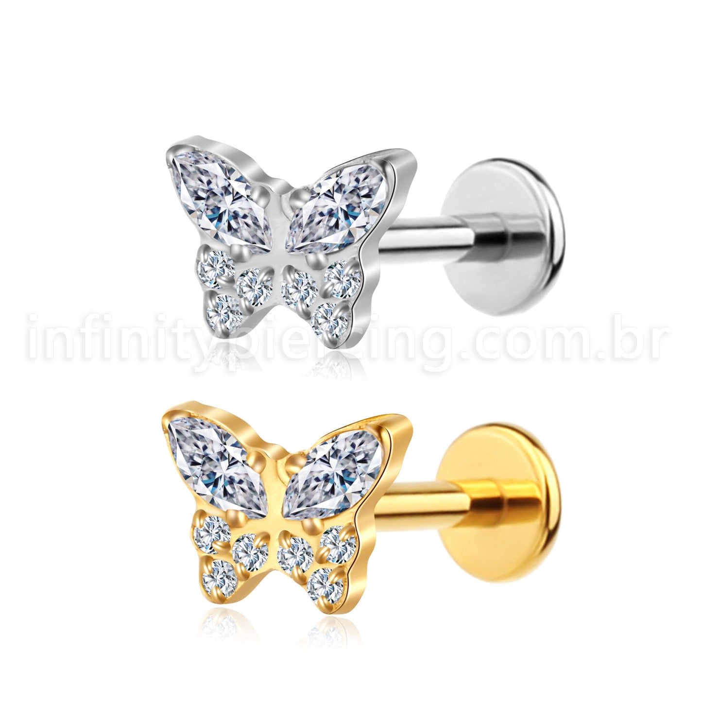 Piercing Labret Aço Cirúrgico Borboleta Zircônia Cravejada