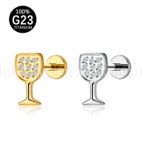 Piercing Labret Titânio Taça De Vinho Com Zircônia Cravejada