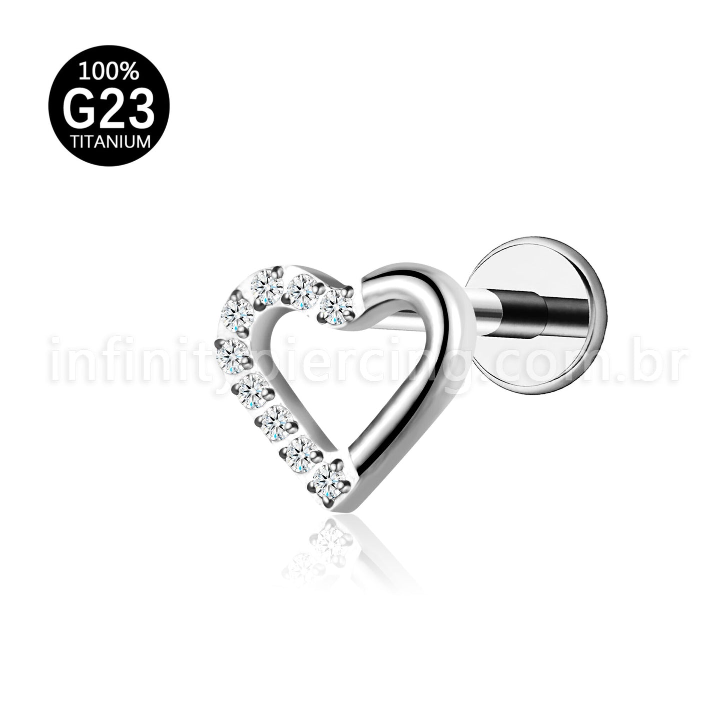 Piercing Labret Titânio Coração Com Zircônia Cravajada