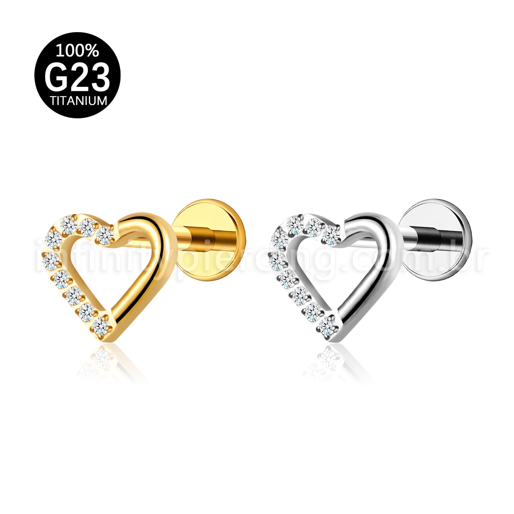 Piercing Labret Titânio Coração Com Zircônia Cravajada