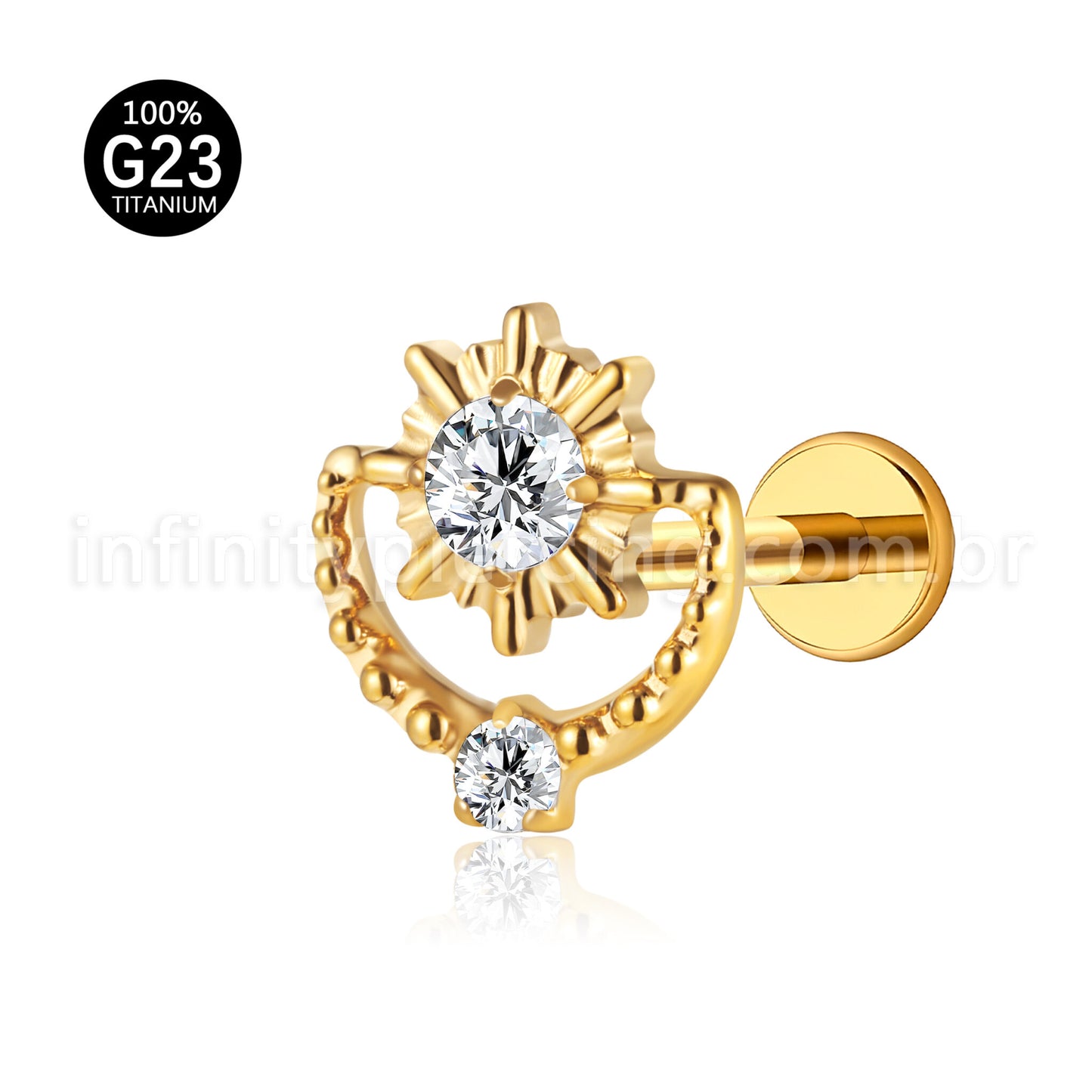 Piercing Labret Titânio Sol Detalhes Com Zircônia Cravejada