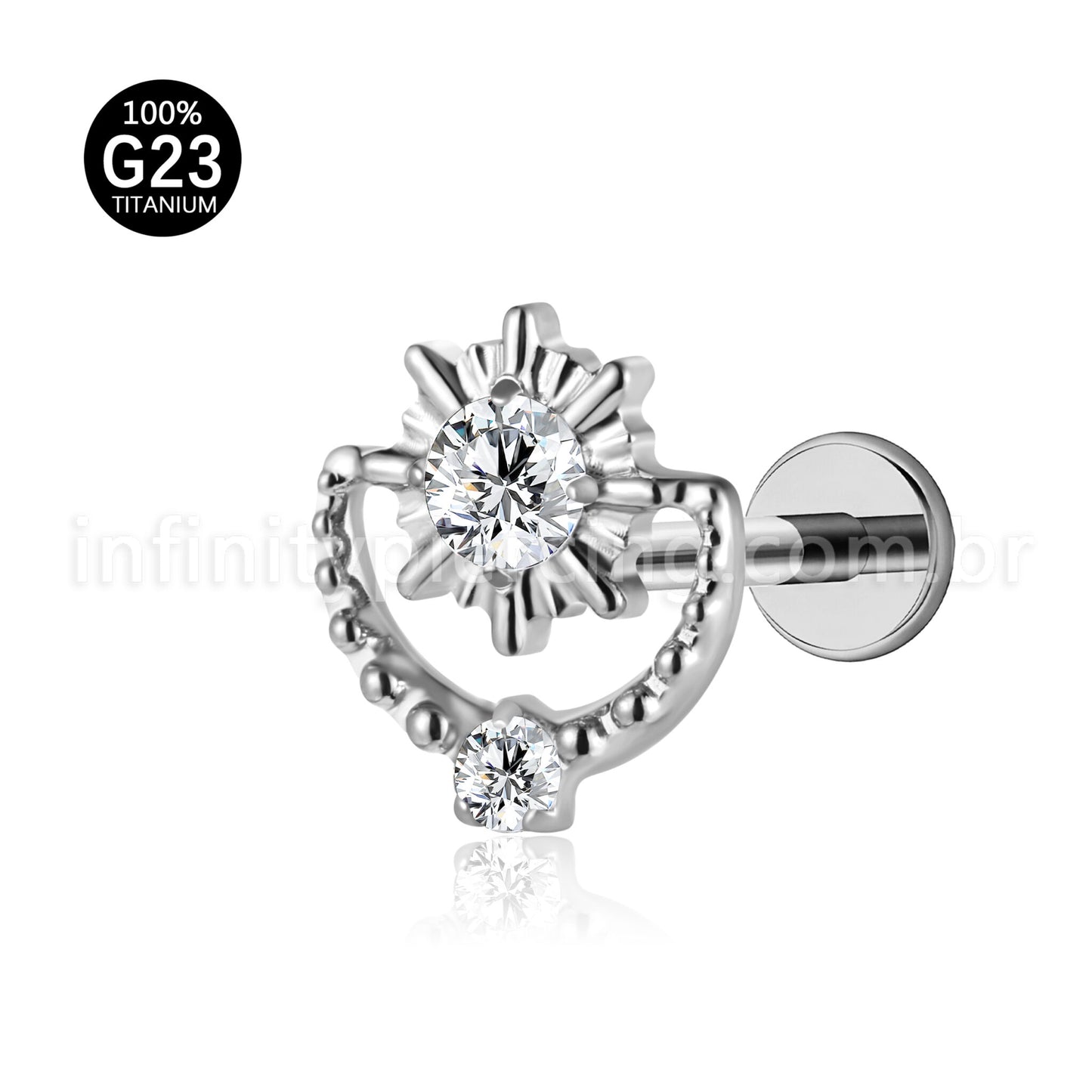 Piercing Labret Titânio Sol Detalhes Com Zircônia Cravejada