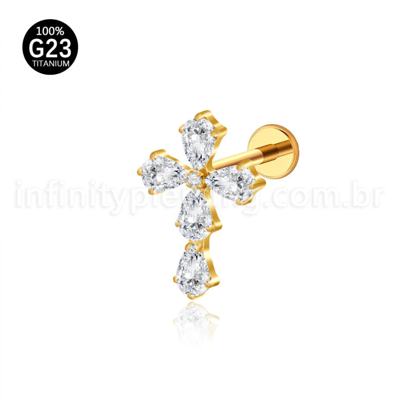 Piercing Labret Titânio Cruz Zircônia Cravejada
