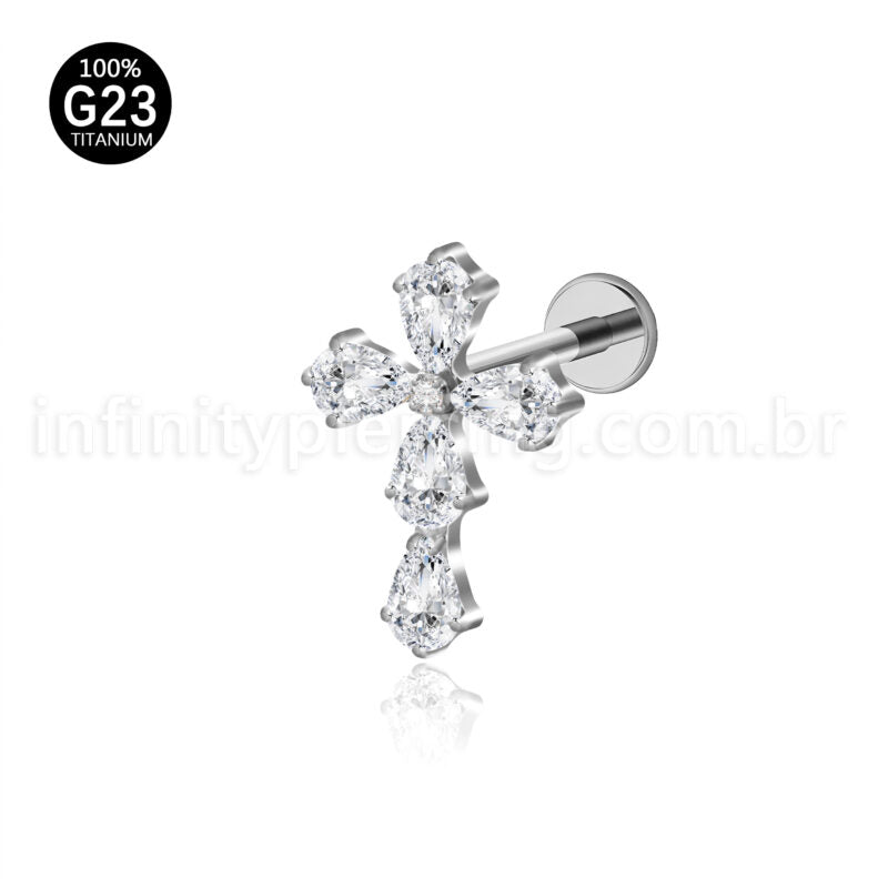 Piercing Labret Titânio Cruz Zircônia Cravejada
