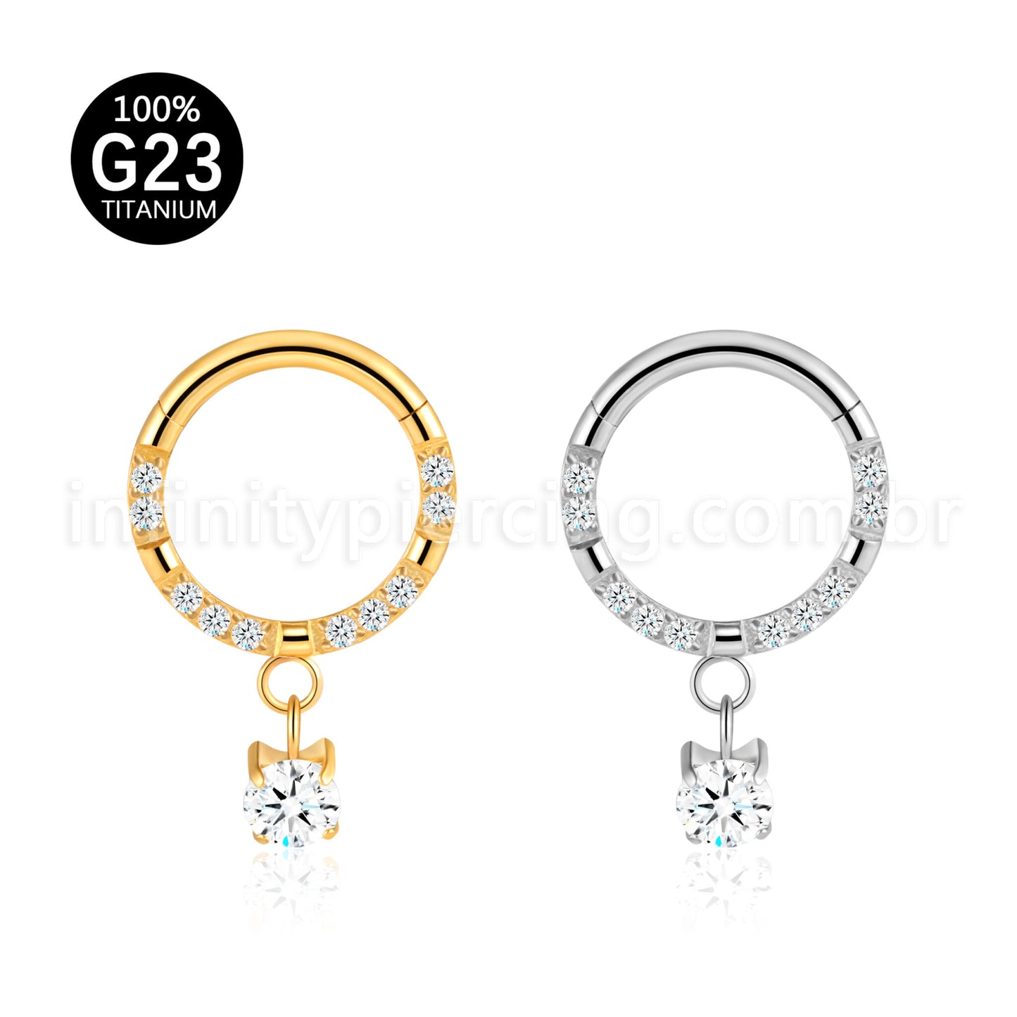 Piercing Argola Titânio Segmento Articulado Zircônia Cravejada Frontal Com Pingente