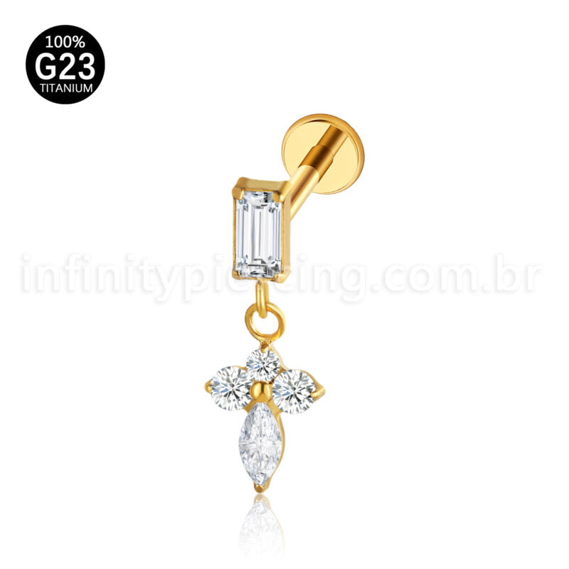 Piercing Labret Retangulo Titânio Com Pingente Zircônia
