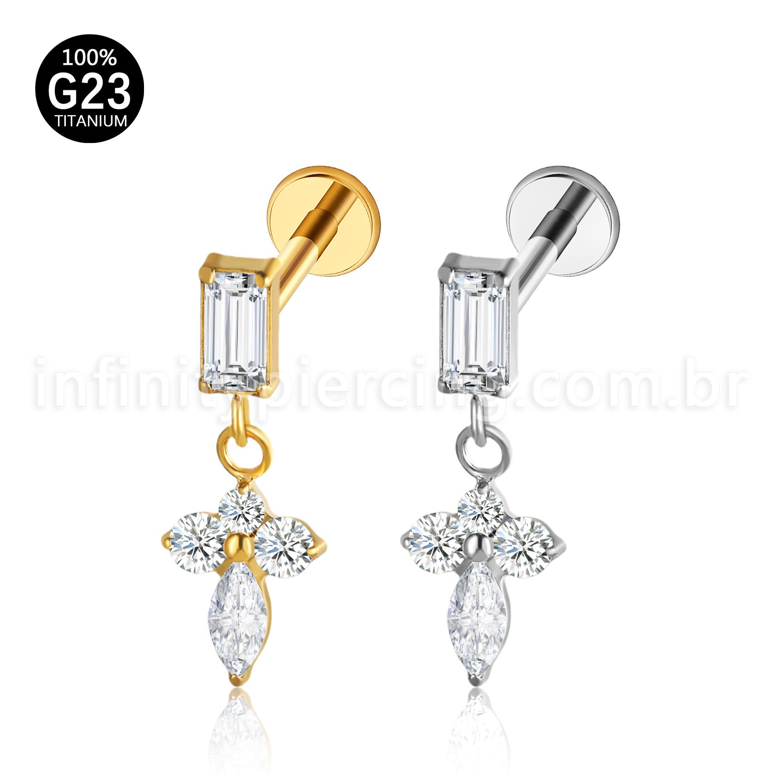Piercing Labret Retangulo Titânio Com Pingente Zircônia