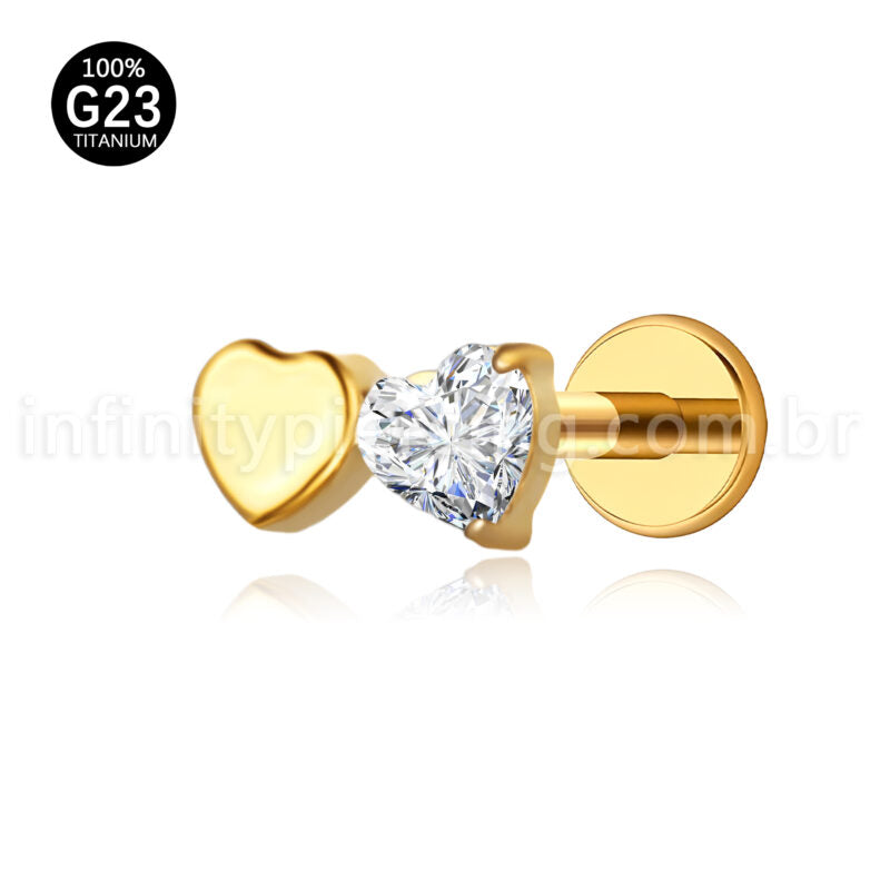 Piercing Labret Titânio Dois Corações Zircônia Cravejada