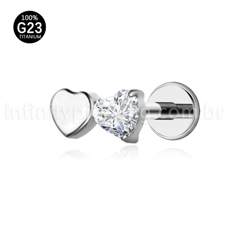 Piercing Labret Titânio Dois Corações Zircônia Cravejada