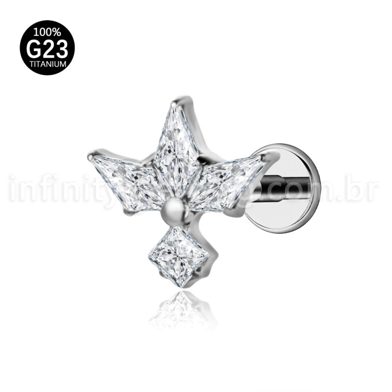 Piercing Labret Titânio 4 Pedras Zircônia Cravejada
