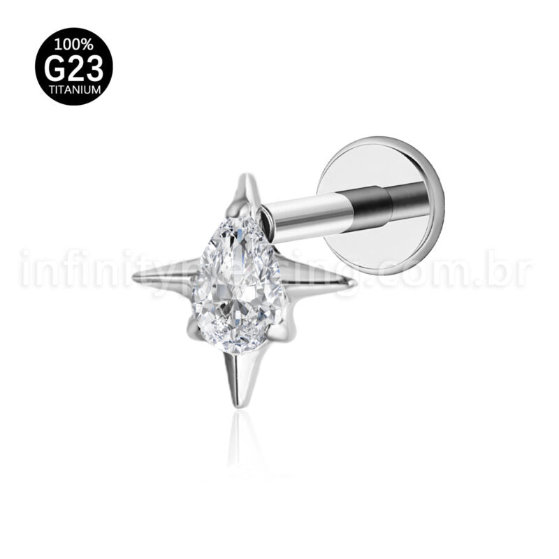 Piercing Labret Titânio Quatro Pontas Zircônia Oval