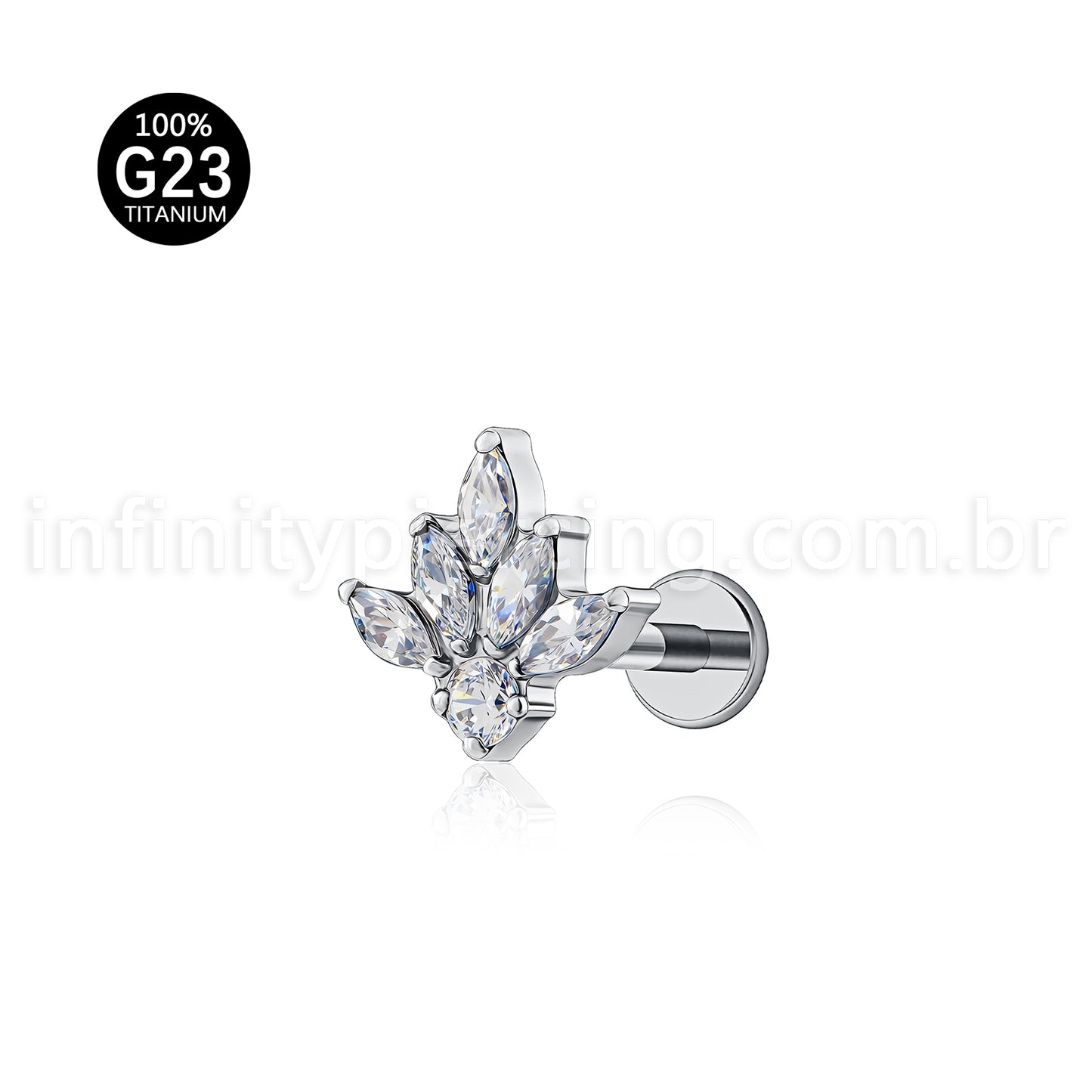 Piercing Labret Titânio Meia Flor Zircônia Cravejada