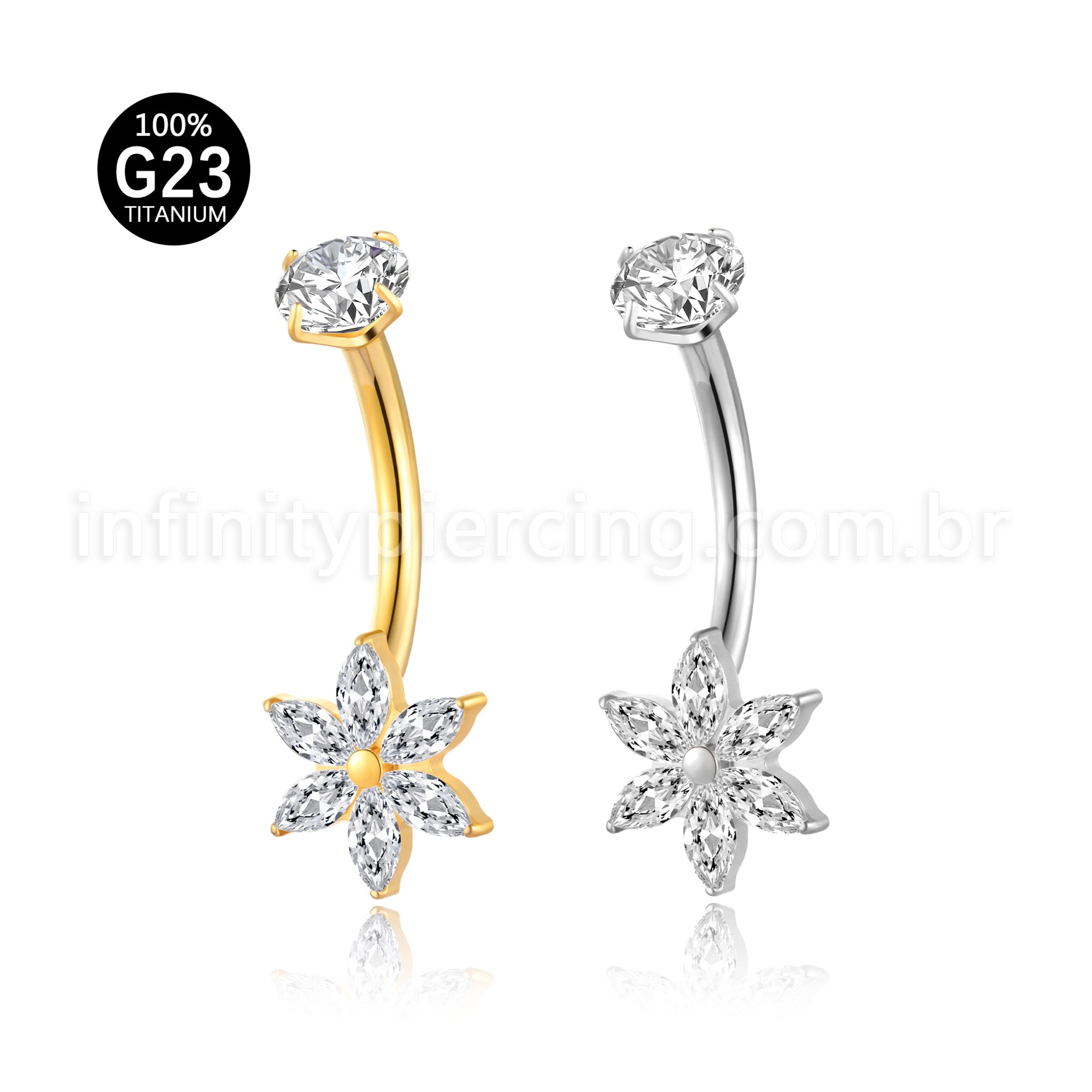 Piercing Banana Titânio Flor Zircônia Cravejada