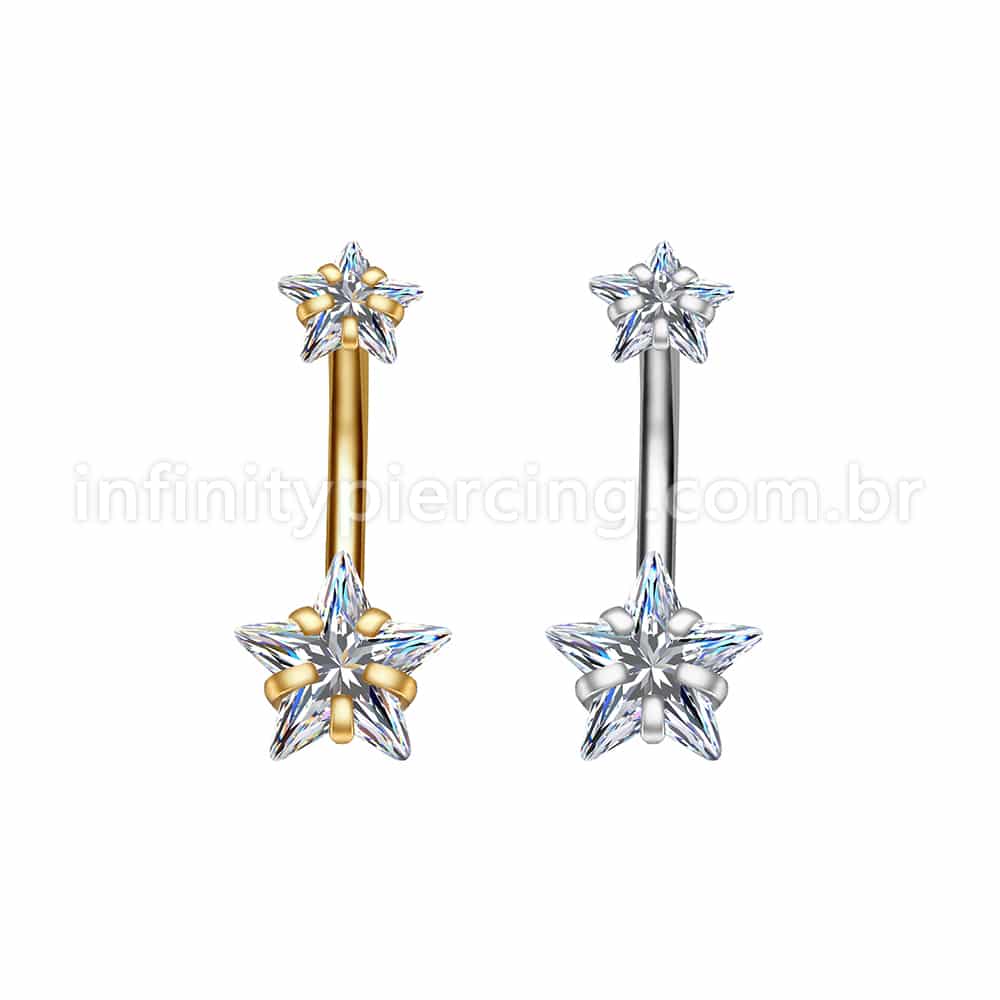 Piercing Aço Cirúrgico Banana 2 Pedras Zircônia Cravejada Estrela