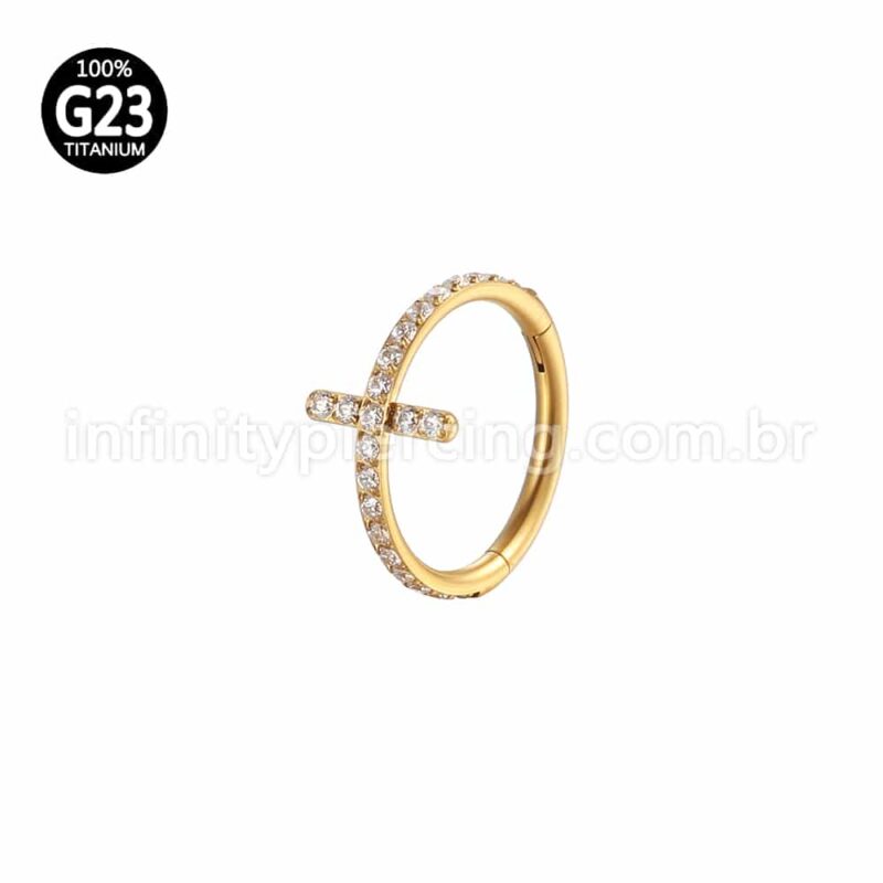 Piercing Argola Titânio Segmento Articulado Cruz Zircônia Cravejada