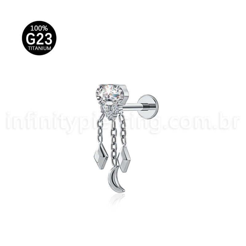 Piercing Labret Titânio Zircônia Oval Com Correntes