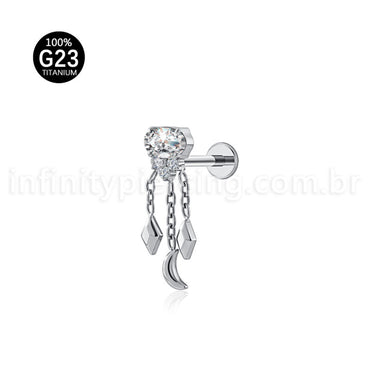 Piercing Labret Titânio Zircônia Oval Com Correntes