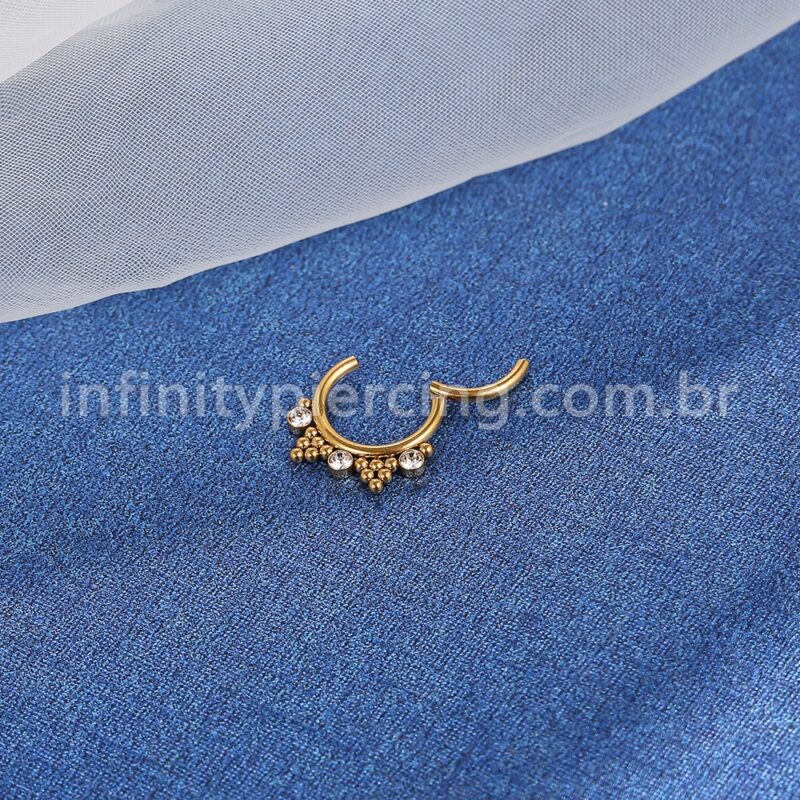 Piercing Argola Segmento Articulado Aço Cirúrgico 3 Pedras Zircônia