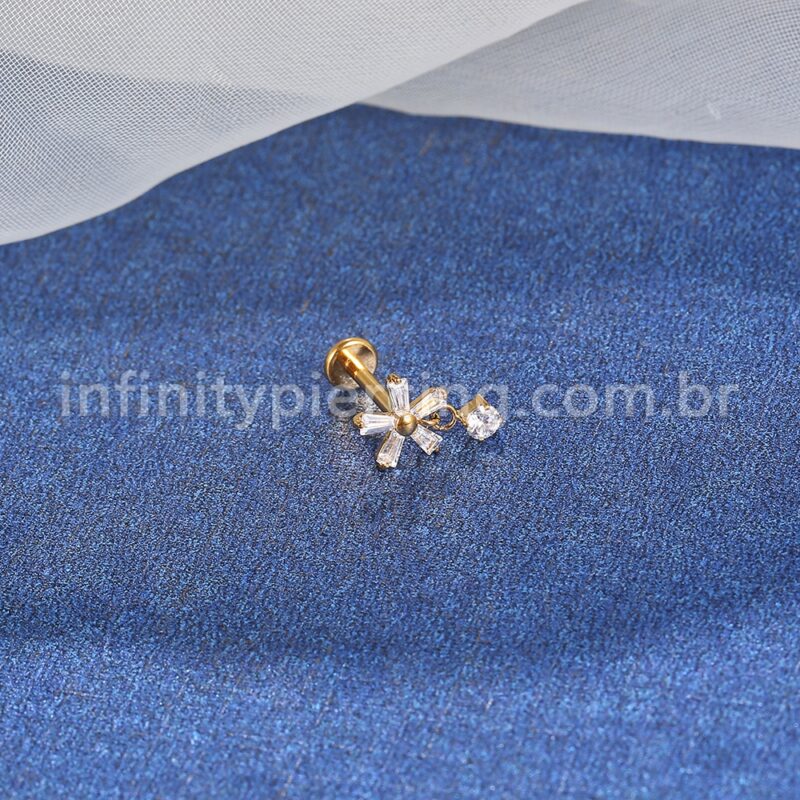 Piercing Labret Aço Cirúrgico Flor Com Pingente Zircônia Cravejada