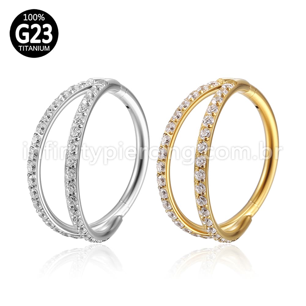 Piercing Argola Titânio Segmento Articulado Dupla Fileira Zircônia Cravejada