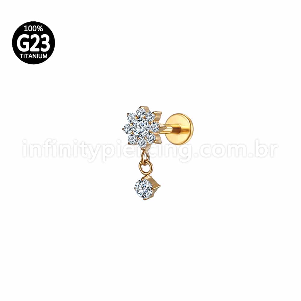 Piercing Labret Titânio Flor com Pingente Zircônia Cravejada