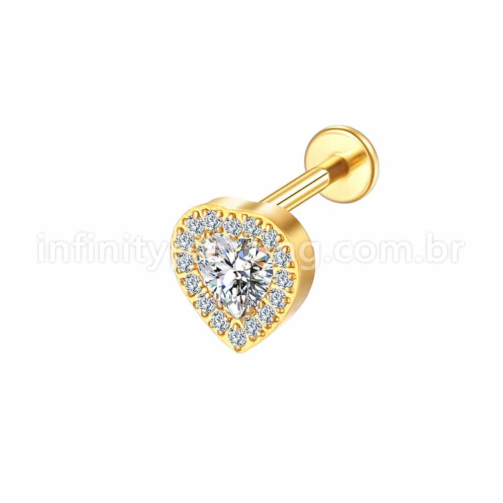 Piercing Labret Aço Cirúrgico Coração Zircônia Cravejada