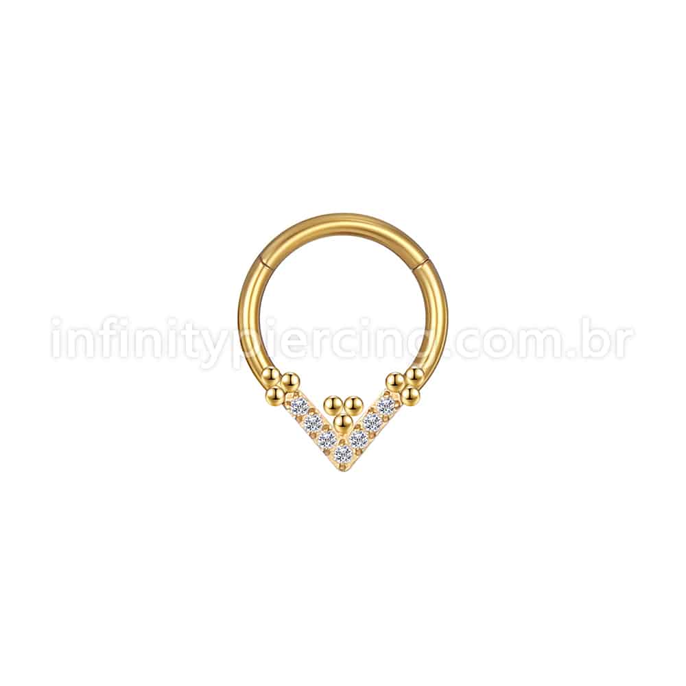 Piercing Argola Aço Cirúrgico Segmento Articulado Detalhe V Zircônia Cravejada
