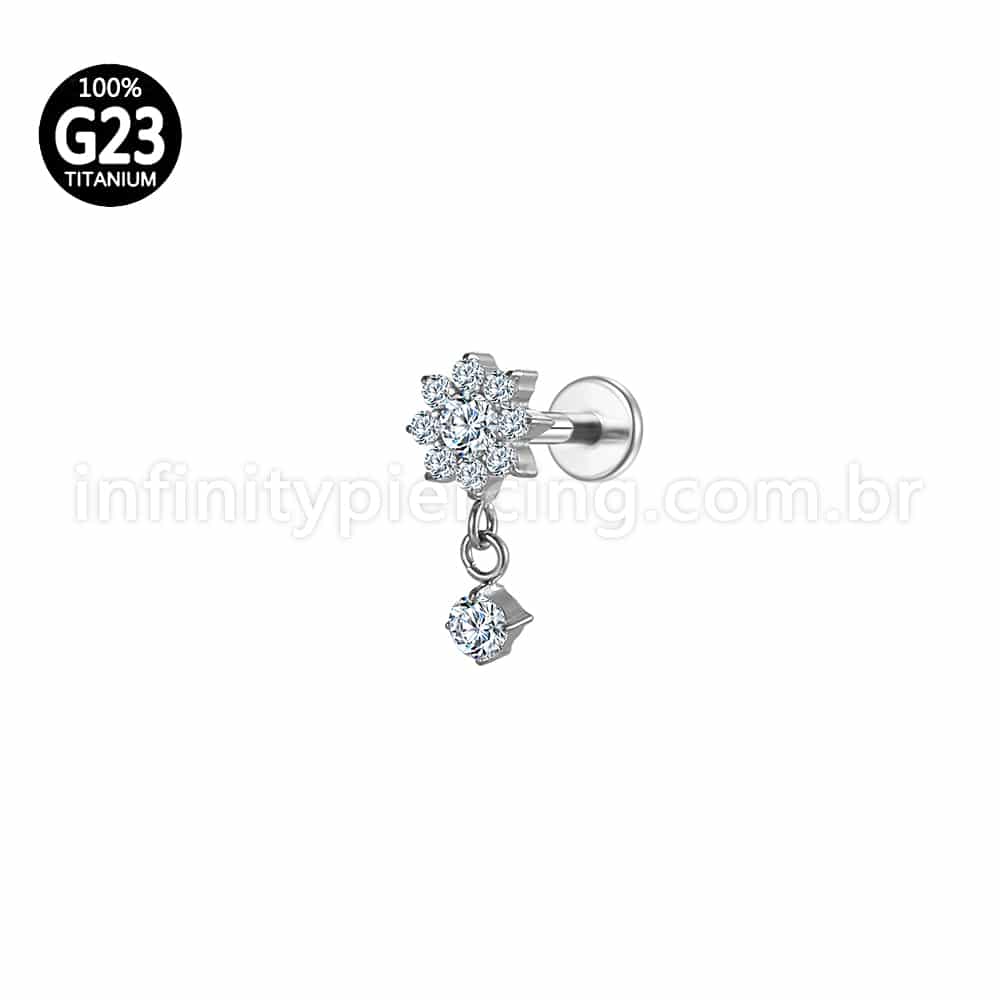 Piercing Labret Titânio Flor com Pingente Zircônia Cravejada