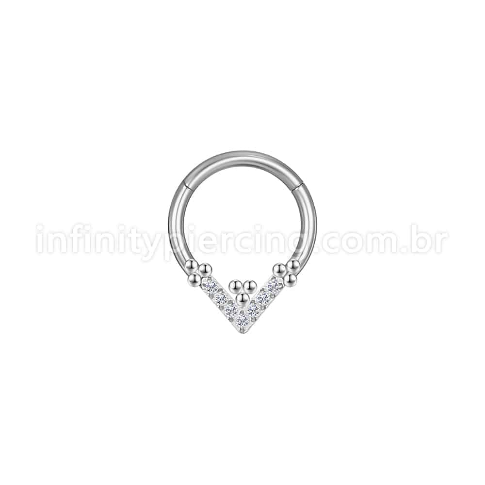 Piercing Argola Aço Cirúrgico Segmento Articulado Detalhe V Zircônia Cravejada